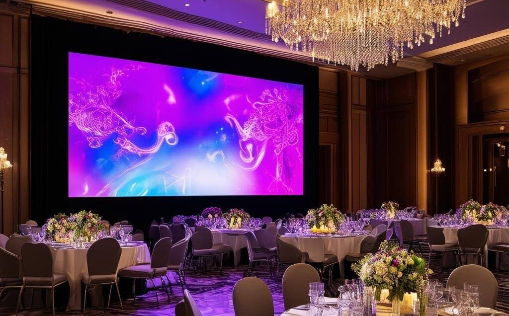 Create a professional image of a modern hotel ballroom featuring a large 169 LED screen 4-1